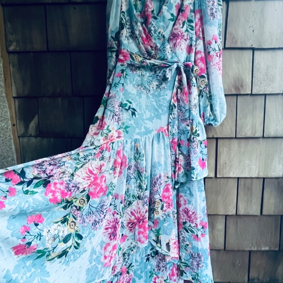 Eliza J Floral Metallic Surplice V Neck Long Sleeve High Low Wrap Maxi Dress 6 - Picture 4 of 16